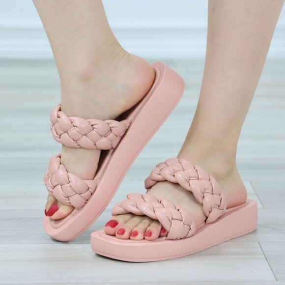 Open Toe Flip Flops Slide Sandal Faux Leather Braided Straps Slipper Slip On - Picture 5 of 13